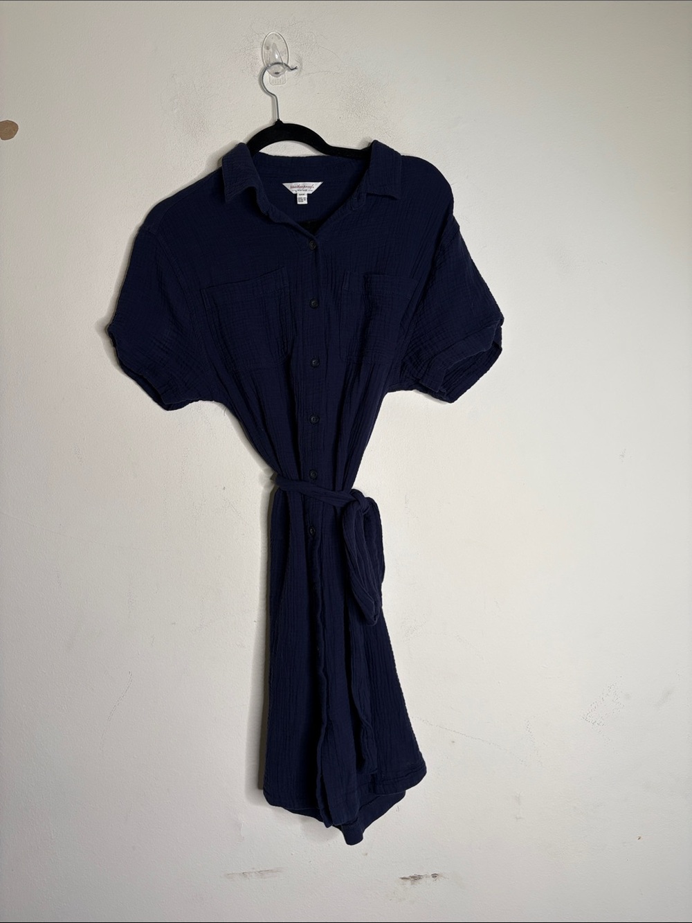 Weatherproof Navy Button-Front Mini Shirt Dress with Tie Waist
